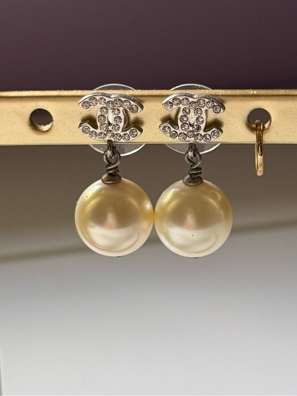 CHANEL Gold-Tone Crystal CC Logo Pearl Drop Earrings